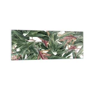 Cuadro sobre vidrio - Impresiones sobre Vidrio - Un motivo decorativo de hojas en tonos verdes y burdeos sobre un fondo claro. - 140x50cm - Naturaleza esmeralda y lila - Decoración de pared moderna para salón y dormitorio ARTTOR