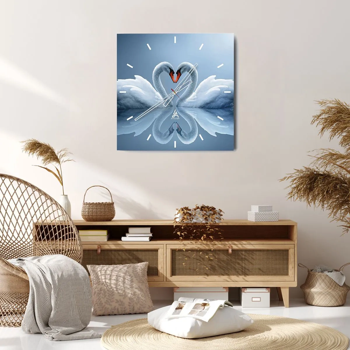 Reloj de pared - Reloj de vidrio - Dos cisnes formando un corazón en una superficie tranquila del agua. - 30x30cm - Tiempo de amor - Decoración de pared moderna para salón y dormitorio ARTTOR