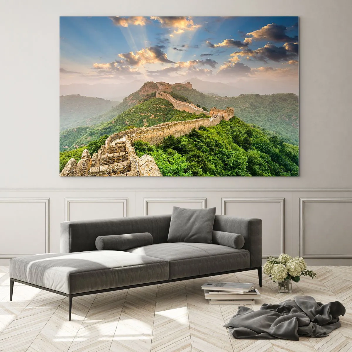 Cuadro sobre vidrio - Impresiones sobre Vidrio - La Gran Muralla China en un paisaje montañoso - 100x70cm - Grandeza duradera - Decoración de pared moderna para salón y dormitorio ARTTOR