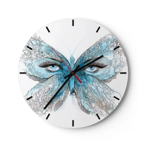 Reloj de pared - Reloj de vidrio - Mariposa azul con detalle de ojo y delicado patrón artístico. - 30x30cm - Mirada de mariposa - Decoración de pared moderna para salón, cocina y dormitorio ARTTOR