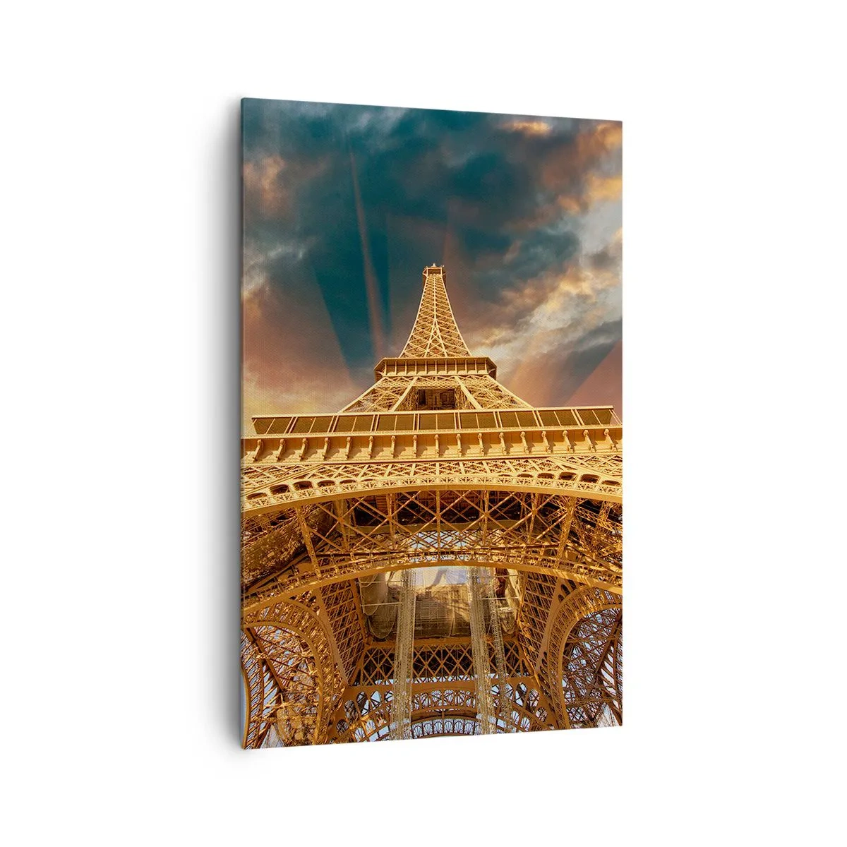 Cuadro sobre lienzo - Impresión de Imagen - La Torre Eiffel desde abajo con el sol poniente como telón de fondo - 80x120cm - Mientras la humanidad alcanza el cielo - Decoración de pared moderna para salón y dormitorio ARTTOR