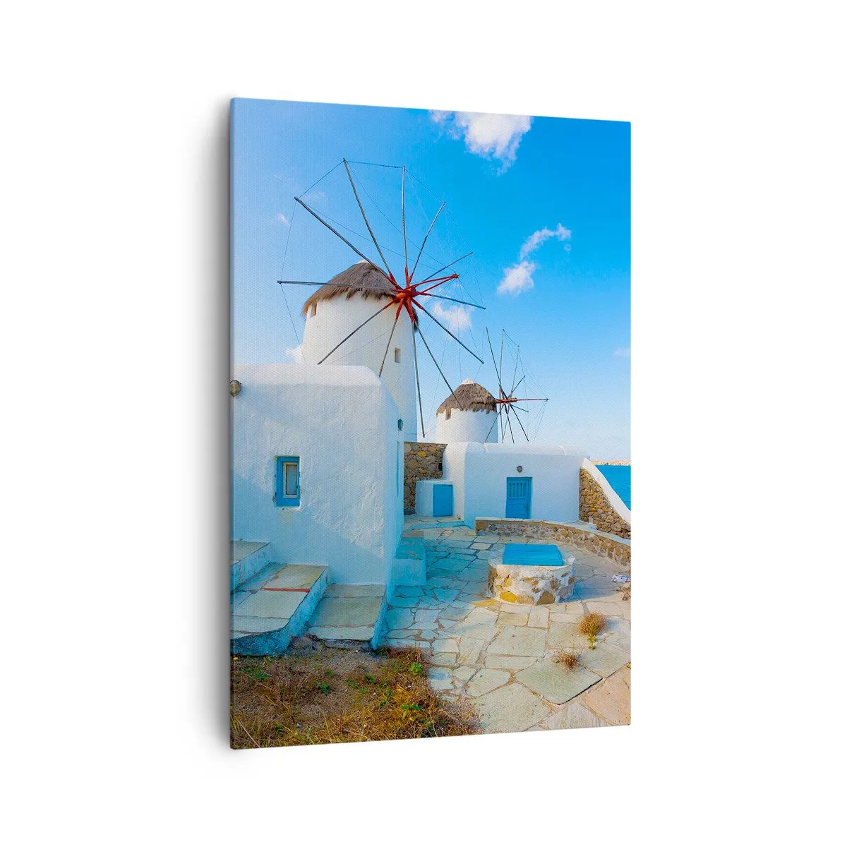Cuadro sobre lienzo - Impresión de Imagen - Molinos de viento blancos en las orillas del mar azul - 70x100cm - Viento azul marino - Decoración de pared moderna para salón y dormitorio ARTTOR