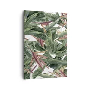 Cuadro sobre lienzo - Impresión de Imagen - Un motivo decorativo de hojas en tonos verdes y burdeos sobre un fondo claro. - 50x70cm - Naturaleza esmeralda y lila - Decoración de pared moderna para salón y dormitorio ARTTOR