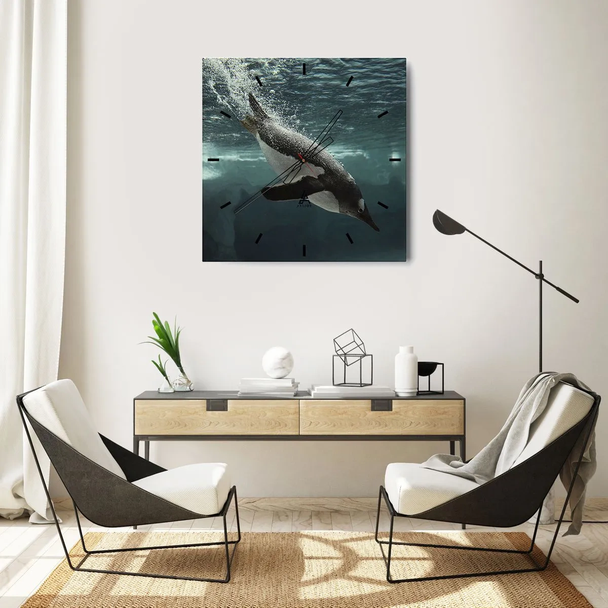 Reloj de pared - Reloj de vidrio - Un pingüino sumergiéndose en las profundidades del agua helada. - 30x30cm - Bienvenido a mi mundo - Decoración de pared moderna para salón y dormitorio ARTTOR