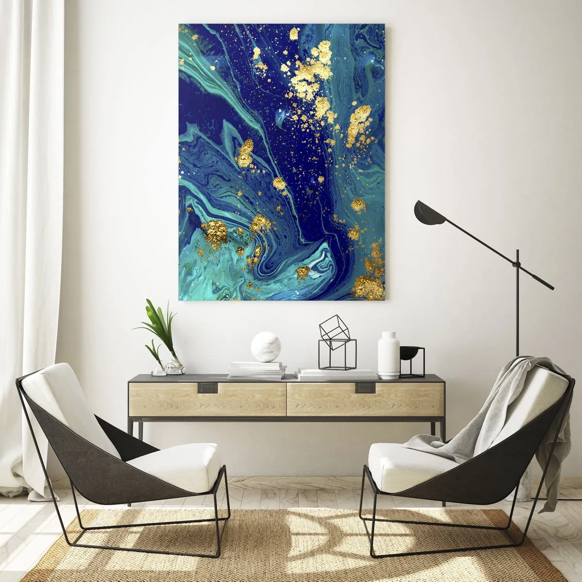 Cuadro sobre vidrio - Impresiones sobre Vidrio - Una composición abstracta con acentos azules, verdes y dorados. - 80x120cm - Pétalos de sol - Decoración de pared moderna para salón y dormitorio ARTTOR