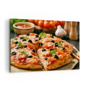 Cuadro sobre lienzo - Impresión de Imagen - Pizza con tomates, aceitunas y hierbas frescas en la mesa. - 100x70cm - Delicioso aroma - Decoración de pared moderna para salón y dormitorio ARTTOR