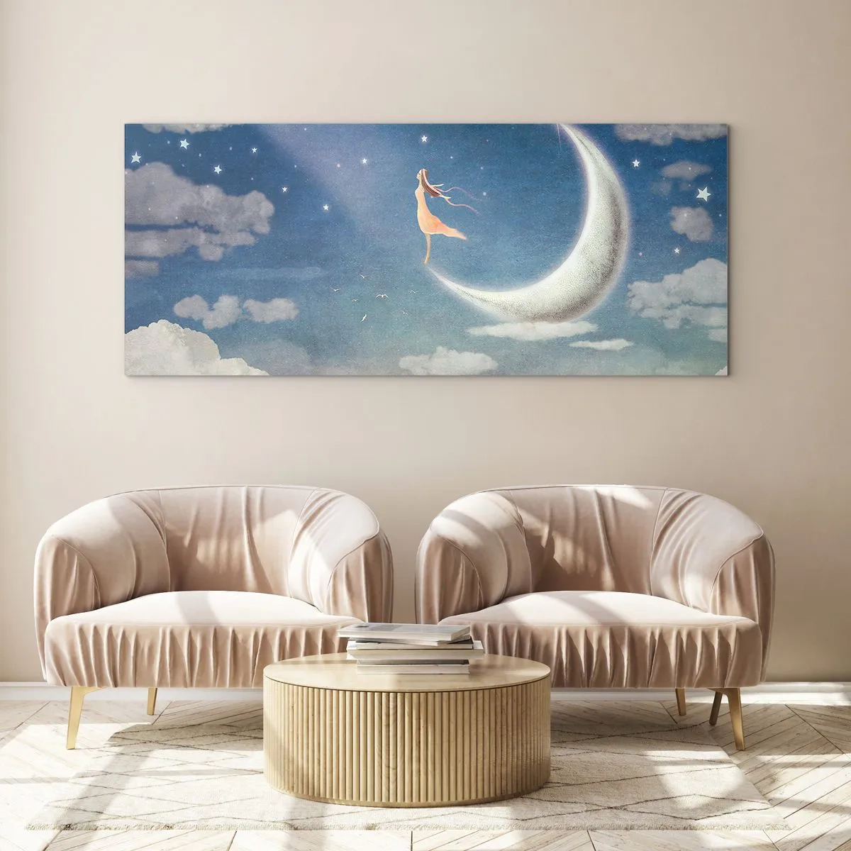 Cuadro sobre vidrio - Impresiones sobre Vidrio - Una mujer en la luna rodeada de estrellas y nubes. - 120x50cm - Pretendiente sobre azul - Decoración de pared moderna para salón y dormitorio ARTTOR