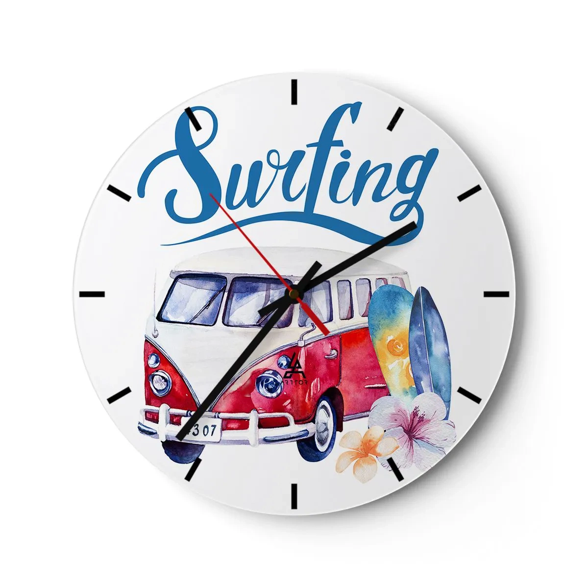 Reloj de pared - Reloj de vidrio - Motivo de autobús de surf con tablas y flores sobre fondo blanco. - 30x30cm - Un clásico para los surfistas - Decoración de pared moderna para salón, cocina y dormitorio ARTTOR