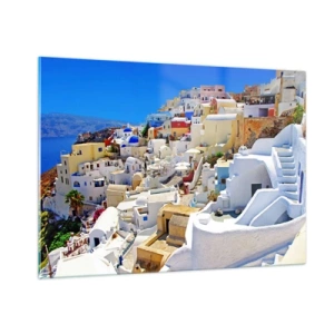Cuadro sobre vidrio - Impresiones sobre Vidrio - Santorini con casas blancas contra un cielo azul - 100x70cm - Sueño de un verano griego - Decoración de pared moderna para salón y dormitorio ARTTOR