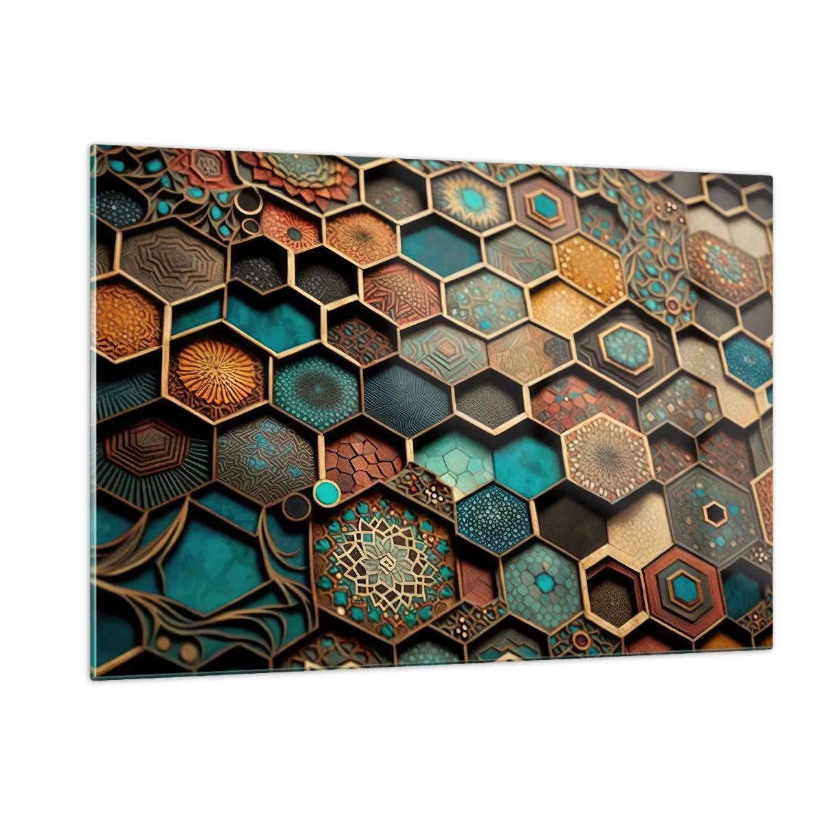 Cuadro sobre vidrio - Impresiones sobre Vidrio - Mosaico con patrones geométricos de estilo oriental. - 120x80cm - Ornamentos árabes - Decoración de pared moderna para salón y dormitorio ARTTOR