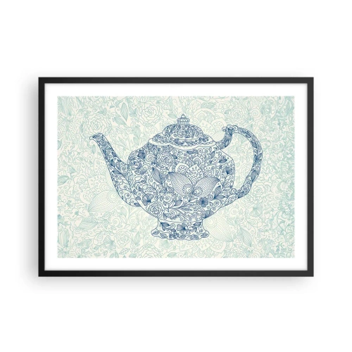 Póster en marco negro - Dibujo decorativo de una tetera con adornos azules. - 70x50cm - El encanto del té - Decoración de pared moderna para salón y dormitorio ARTTOR