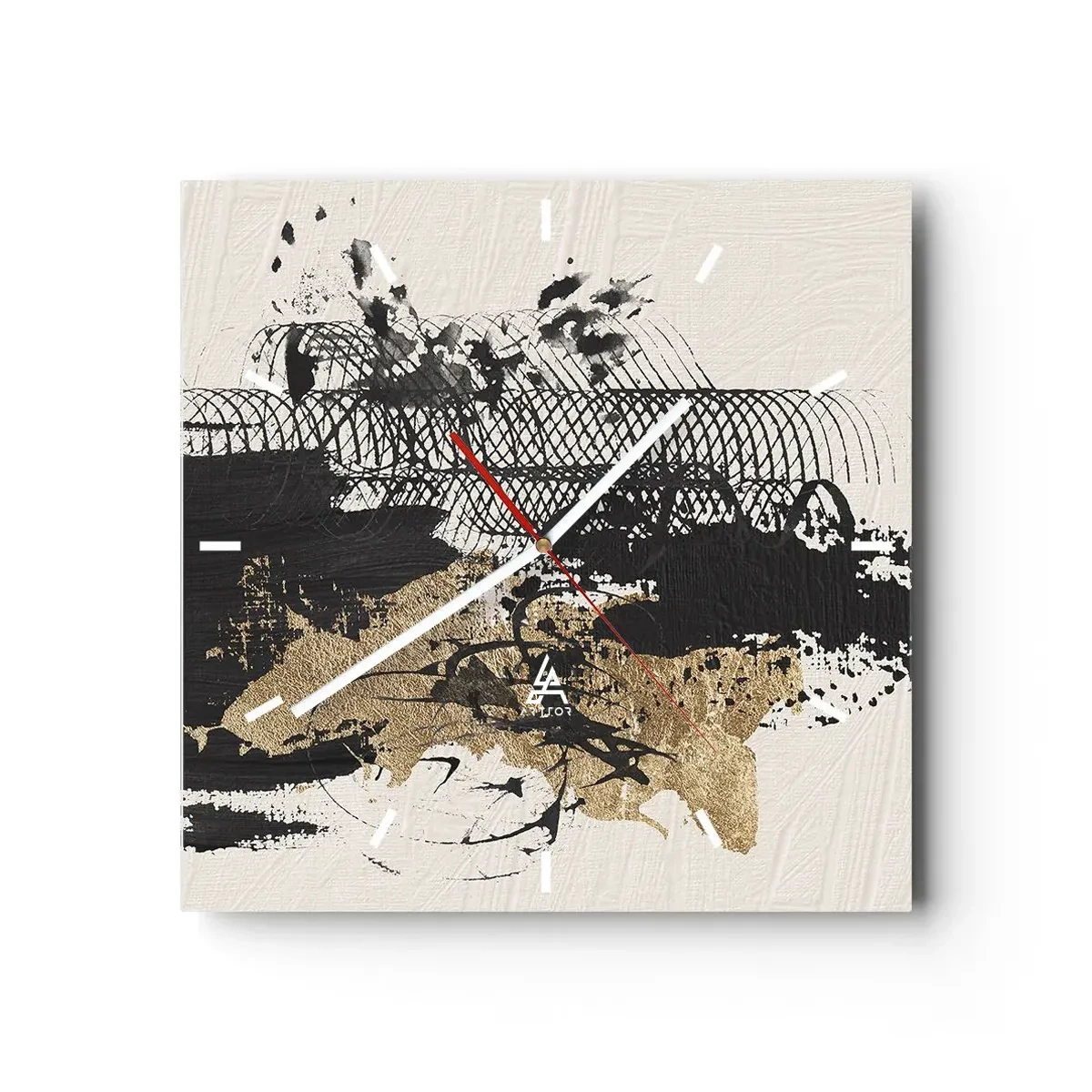 Reloj de pared - Reloj de vidrio - Una pintura abstracta en negro y dorado con líneas y estructuras dinámicas. - 30x30cm - Composición con pasión - Decoración de pared moderna para salón y dormitorio ARTTOR