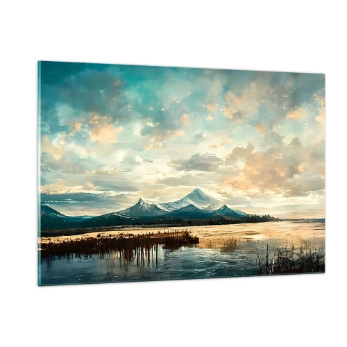 Cuadro sobre vidrio - Impresiones sobre Vidrio - Paisaje invernal con montañas y un lago congelado. - 120x80cm - Bajo la protección del cielo - Decoración de pared moderna para salón y dormitorio ARTTOR