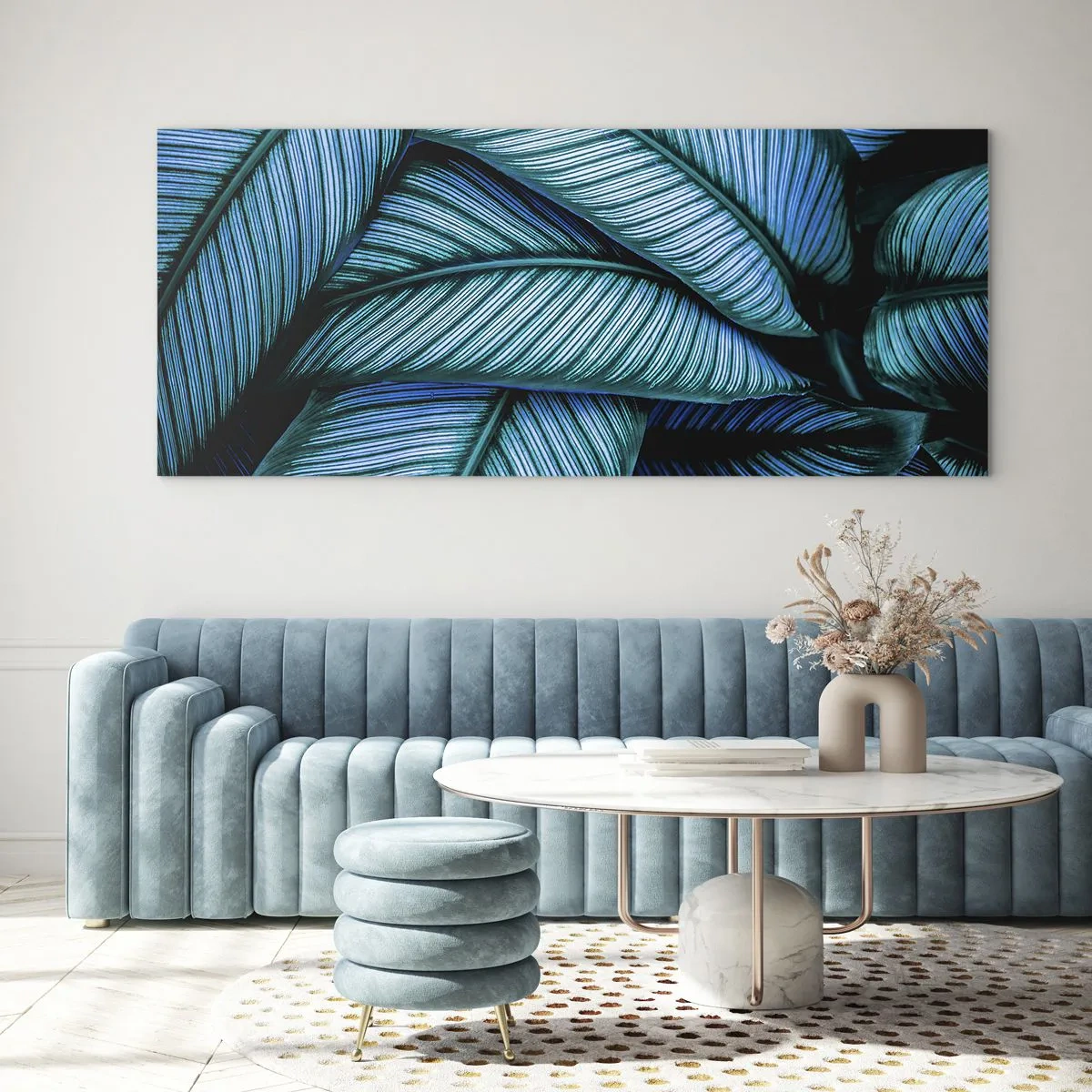 Cuadro sobre vidrio - Impresiones sobre Vidrio - Una toma de primer plano de hojas turquesas con vívidos detalles. - 140x50cm - Líneas de vida - Decoración de pared moderna para salón y dormitorio ARTTOR