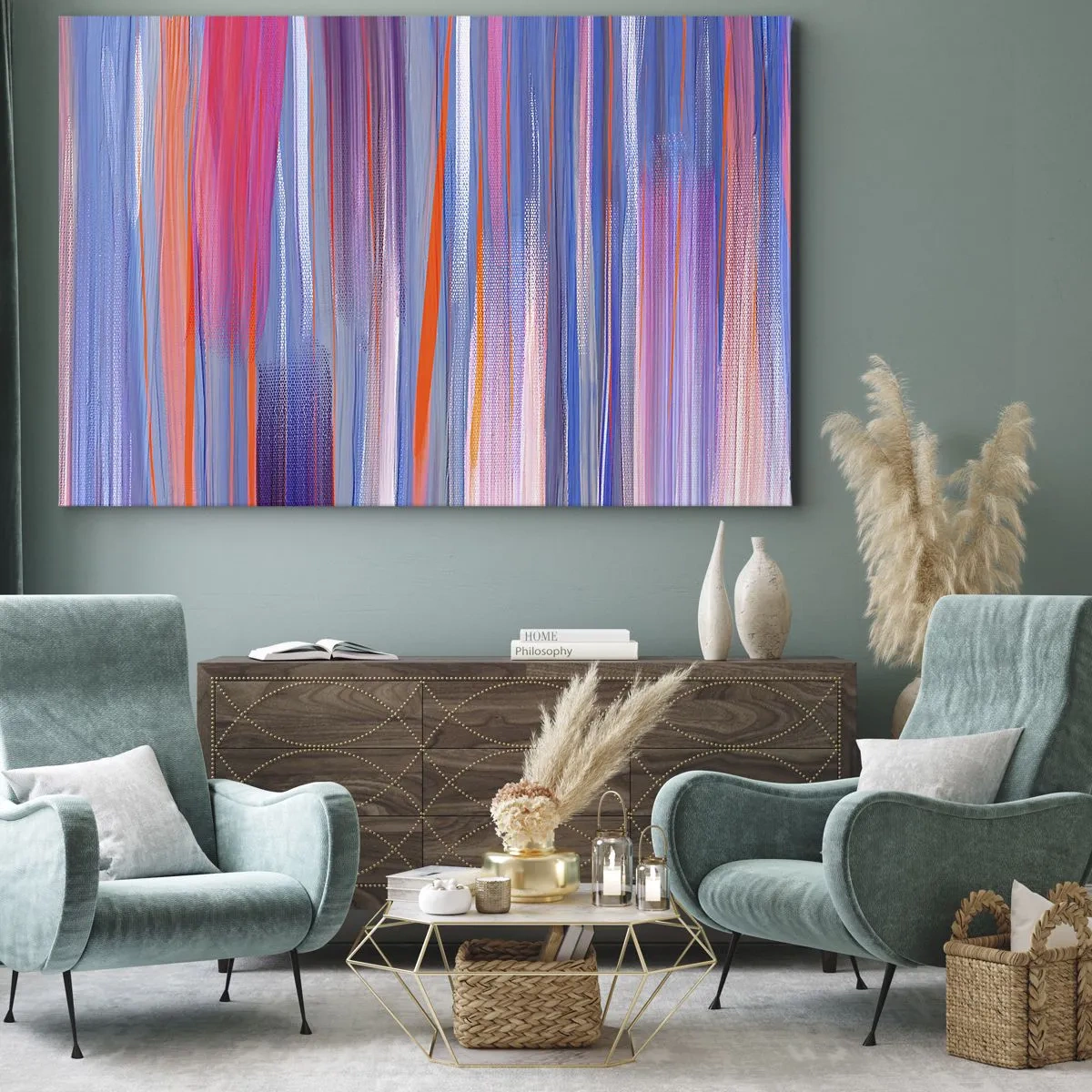 Cuadro sobre lienzo - Impresión de Imagen - Líneas verticales abstractas en tonos azul y rosa. - 70x50cm - Ascensión - Decoración de pared moderna para salón y dormitorio ARTTOR