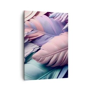Cuadro sobre lienzo - Impresión de Imagen - Plumas de colores en tonos pastel sobre un fondo claro. - 50x70cm - Pájaro chic - Decoración de pared moderna para salón y dormitorio ARTTOR