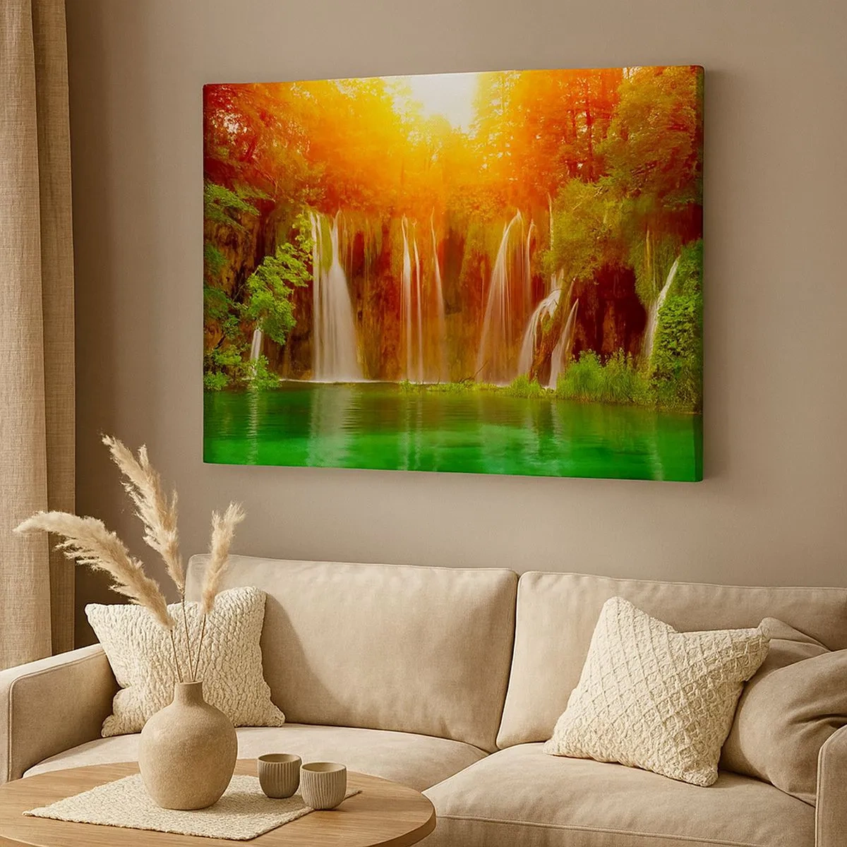 Cuadro sobre lienzo - Impresión de Imagen - Cascadas rodeadas de vegetación bajo el resplandor del sol poniente. - 70x50cm - Sol y sombra - Decoración de pared moderna para salón y dormitorio ARTTOR