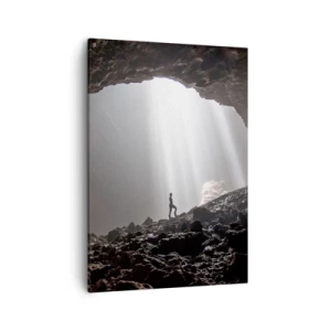 Cuadro sobre lienzo - Impresión de Imagen - Una figura en una cueva iluminada por rayos de luz. - 50x70cm - Gruta luminosa - Decoración de pared moderna para salón y dormitorio ARTTOR
