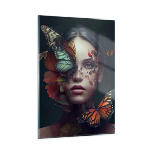 Cuadro sobre vidrio - Impresiones sobre Vidrio - Un rostro de mujer con mariposas y hojas en una composición artística. - 50x70cm - Una metamorfosis maravillosa - Decoración de pared moderna para salón y dormitorio ARTTOR