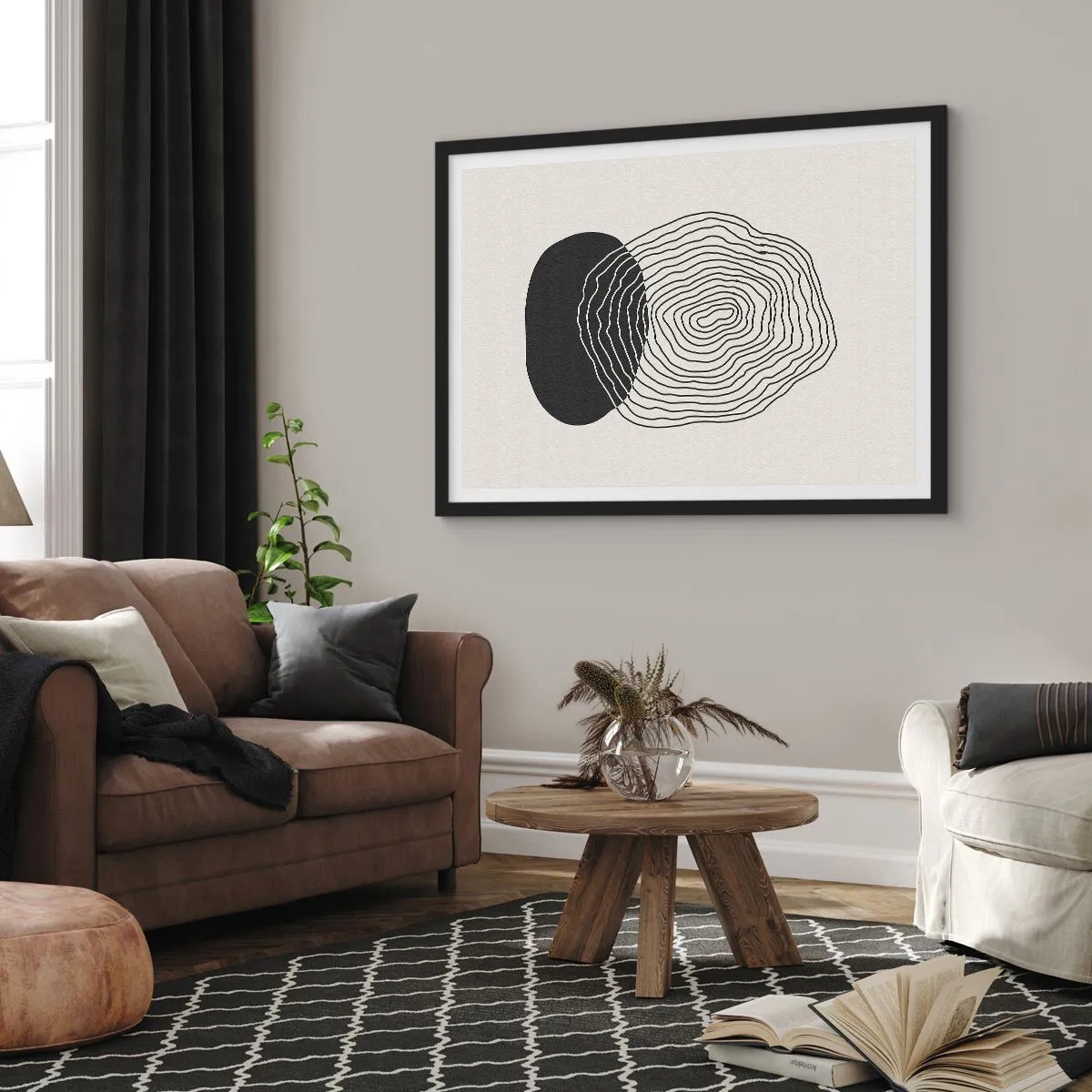 Póster en marco negro - Patrón abstracto con líneas y formas en blanco y negro. - 70x50cm - Persistencia y vibración - Decoración de pared moderna para salón y dormitorio ARTTOR