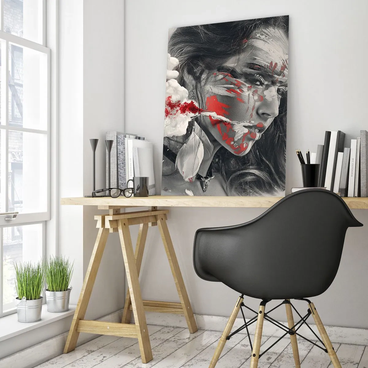 Cuadro sobre vidrio - Impresiones sobre Vidrio - Retrato de una mujer con patrones abstractos rojos y blancos. - 50x70cm - En los humos del absurdo - Decoración de pared moderna para salón y dormitorio ARTTOR