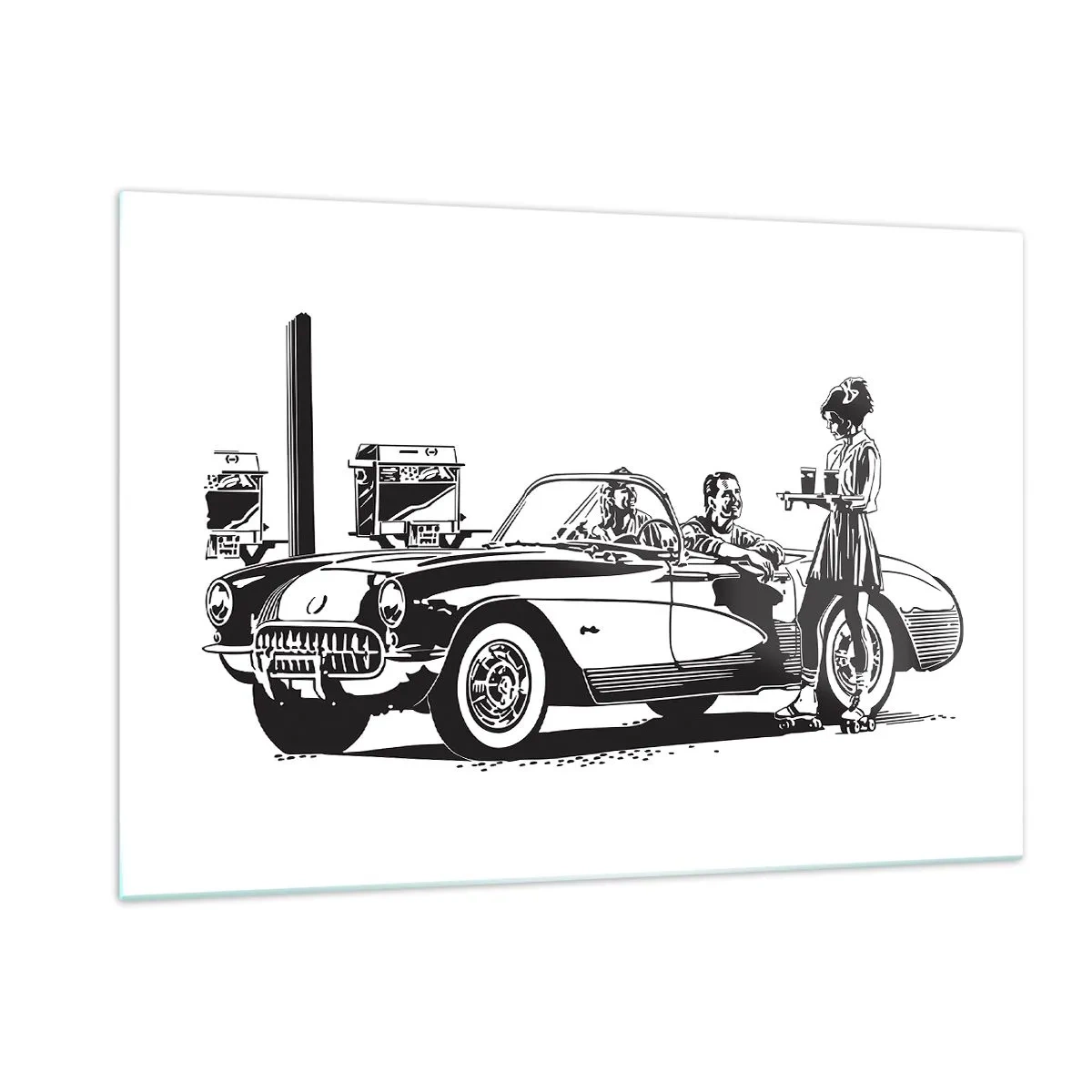 Cuadro sobre vidrio - Impresiones sobre Vidrio - Gráficos creativos con un coche clásico y personajes. - 120x80cm - Años 60 - la América despreocupada - Decoración de pared moderna para salón y dormitorio ARTTOR