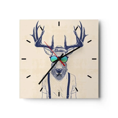 Reloj de pared - Reloj de vidrio - Ciervo estilizado con gafas de sol - 30x30cm - ¿Y a quién esperabas? - Decoración de pared moderna para salón y dormitorio ARTTOR