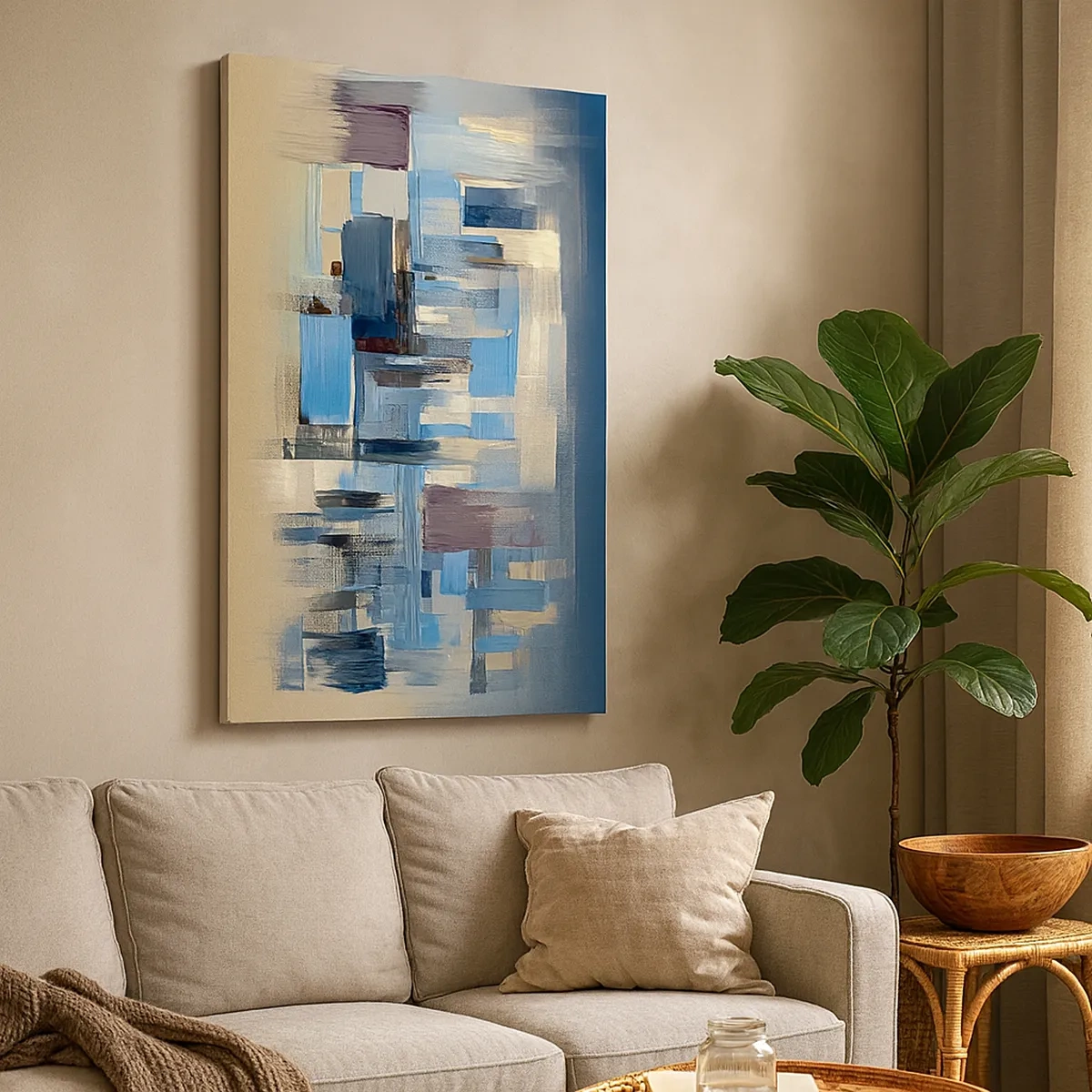 Cuadro sobre lienzo - Impresión de Imagen - Formas geométricas en tonos azules y beige. - 50x70cm - Construcción azul - Decoración de pared moderna para salón y dormitorio ARTTOR