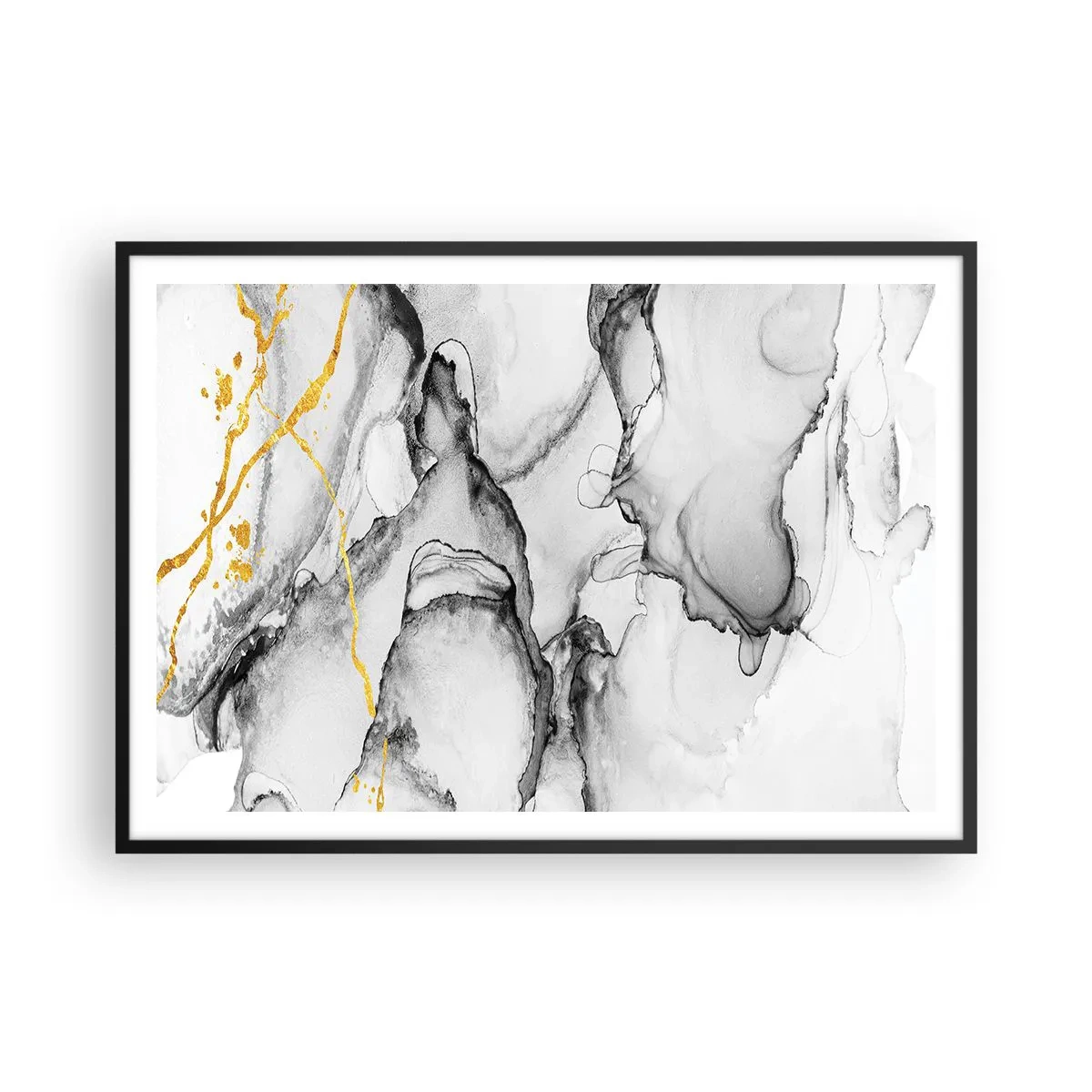 Póster en marco negro - Patrones abstractos en blanco y negro con acentos dorados - 100x70cm - Composición con motivo de oro - Decoración de pared moderna para salón y dormitorio ARTTOR