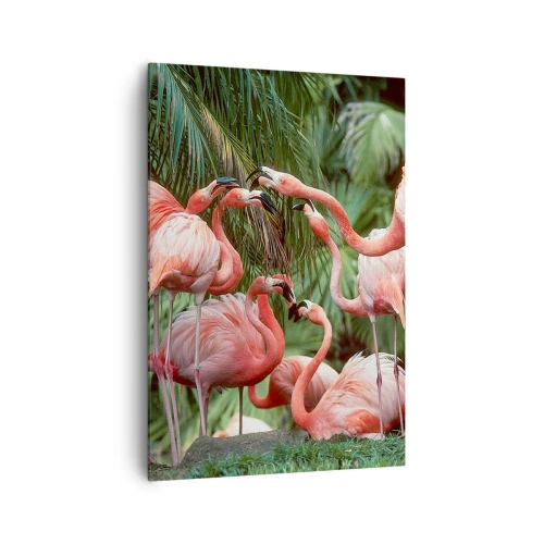 Cuadro sobre lienzo - Impresión de Imagen - Un grupo de flamencos en un entorno tropical rodeado de palmeras. - 70x100cm - Cotilleos de la tarde - Decoración de pared moderna para salón y dormitorio ARTTOR