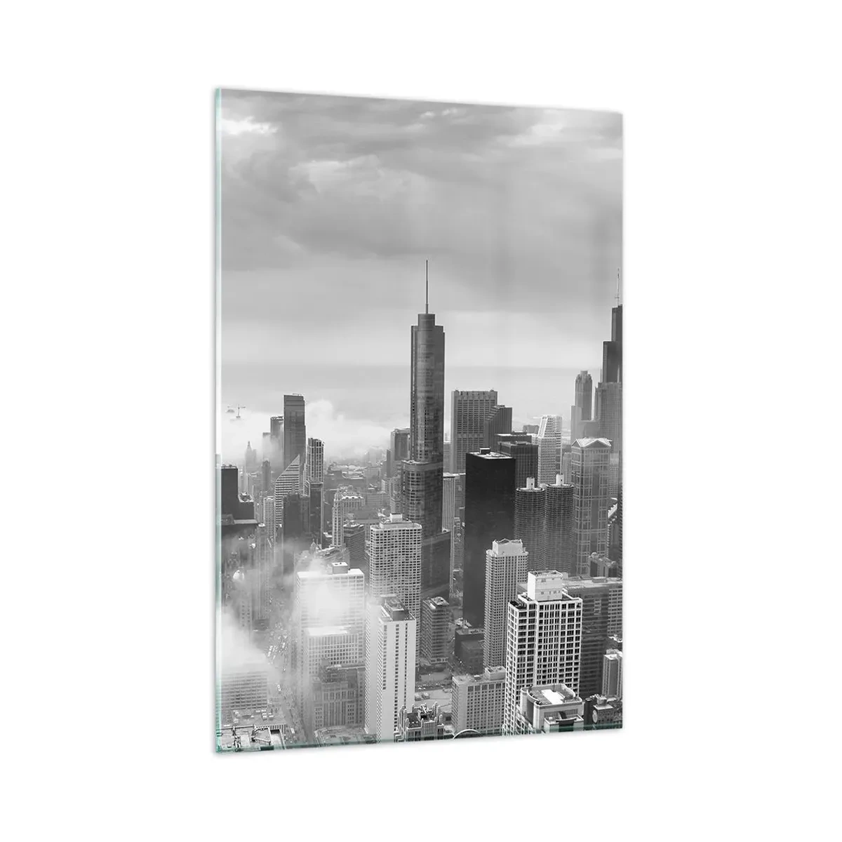 Cuadro sobre vidrio - Impresiones sobre Vidrio - Panorama de la ciudad con rascacielos en las nubes en blanco y negro - 80x120cm - Paisaje americano - Decoración de pared moderna para salón y dormitorio ARTTOR