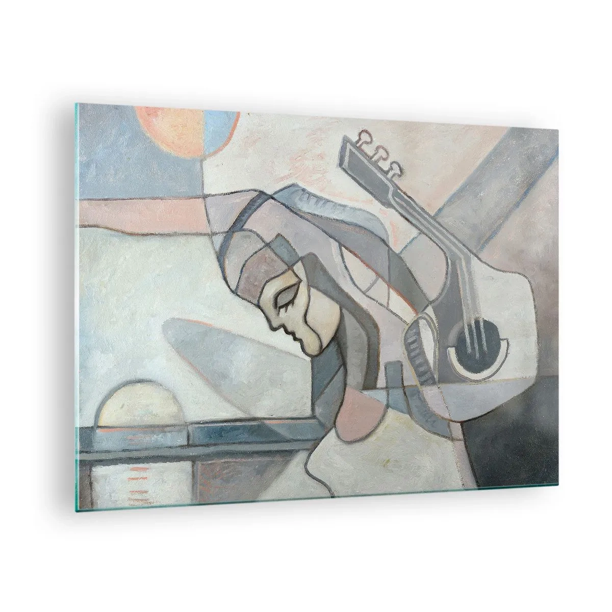 Cuadro sobre vidrio - Impresiones sobre Vidrio - Figura artística de una mujer con una guitarra en colores pastel. - 70x50cm - En el poder de la música - Decoración de pared moderna para salón y dormitorio ARTTOR