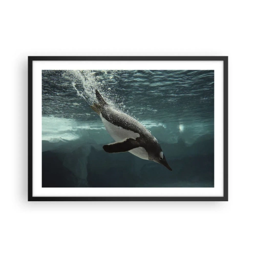 Póster en marco negro - Un pingüino sumergiéndose en las profundidades del agua helada. - 70x50cm - Bienvenido a mi mundo - Decoración de pared moderna para salón y dormitorio ARTTOR