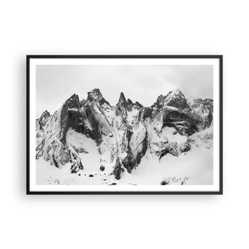 Póster en marco negro - Picos de montañas nevados en blanco y negro - 100x70cm - Cresta amenazante - Decoración de pared moderna para salón y dormitorio ARTTOR