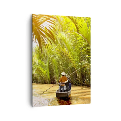 Cuadro sobre lienzo - Impresión de Imagen - Un barco en un río rodeado de vegetación tropical. - 50x70cm - En un túnel de palmeras - Decoración de pared moderna para salón y dormitorio ARTTOR