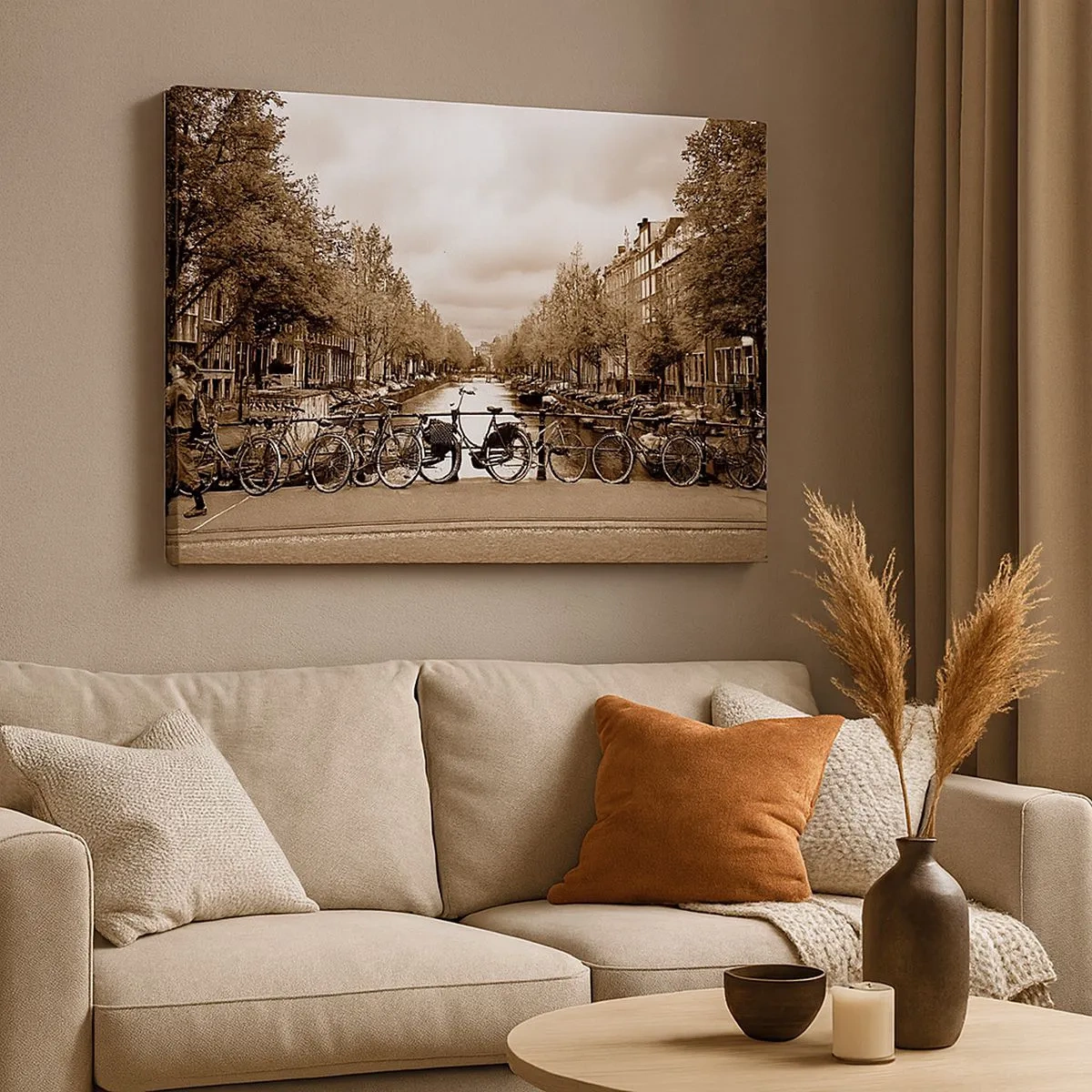 Cuadro sobre lienzo - Impresión de Imagen - Puente para bicicletas sobre el canal en sepia - 70x50cm - Holanda solo hay una - Decoración de pared moderna para salón y dormitorio ARTTOR