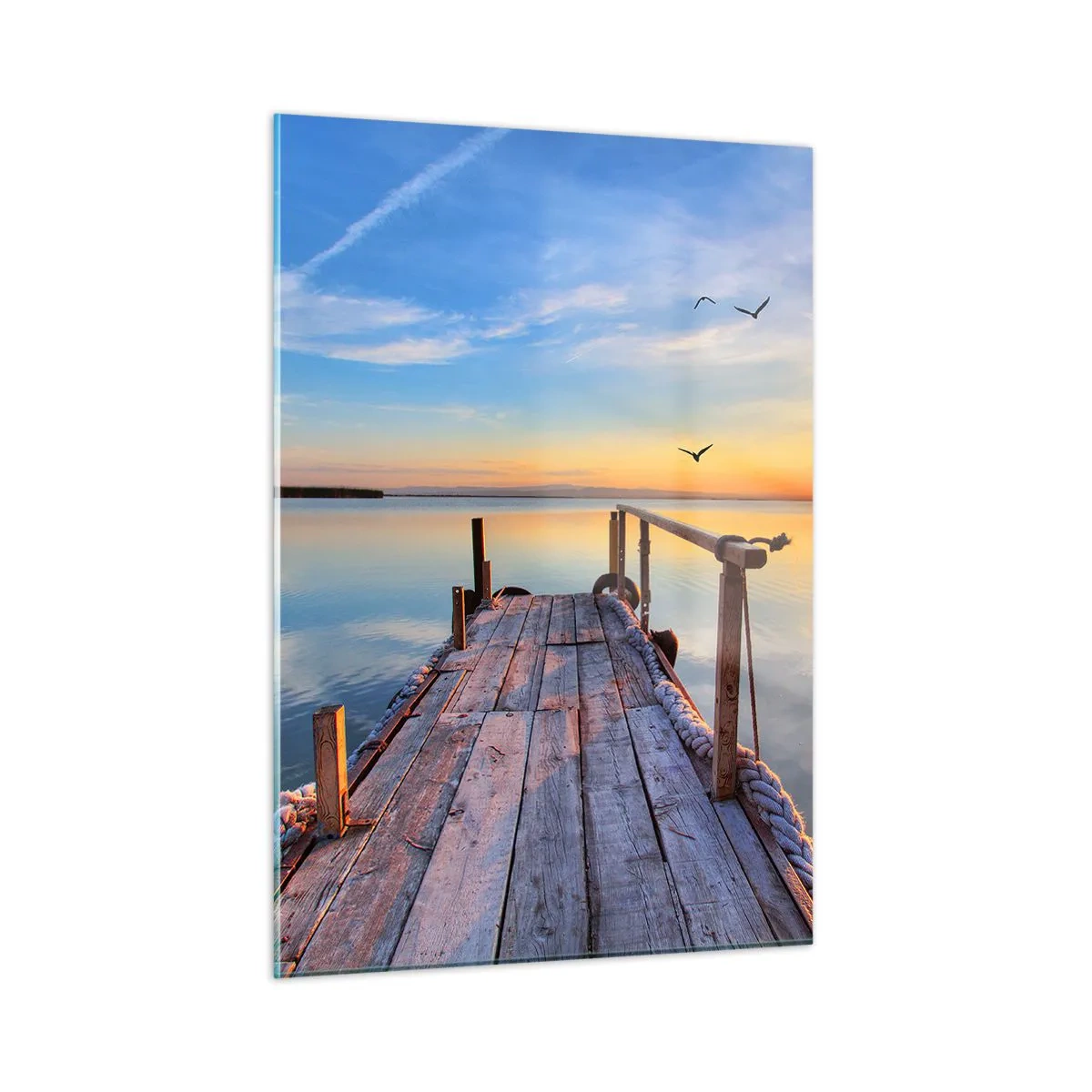 Cuadro sobre vidrio - Impresiones sobre Vidrio - Muelle de madera en el lago al atardecer - 50x70cm - Caminando hacia el sol - Decoración de pared moderna para salón y dormitorio ARTTOR