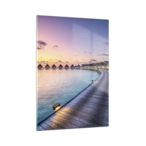 Cuadro sobre vidrio - Impresiones sobre Vidrio - Muelle de madera que conduce a cabañas de lujo frente al mar al atardecer - 50x70cm - Vacaciones - volver al origen - Decoración de pared moderna para salón y dormitorio ARTTOR