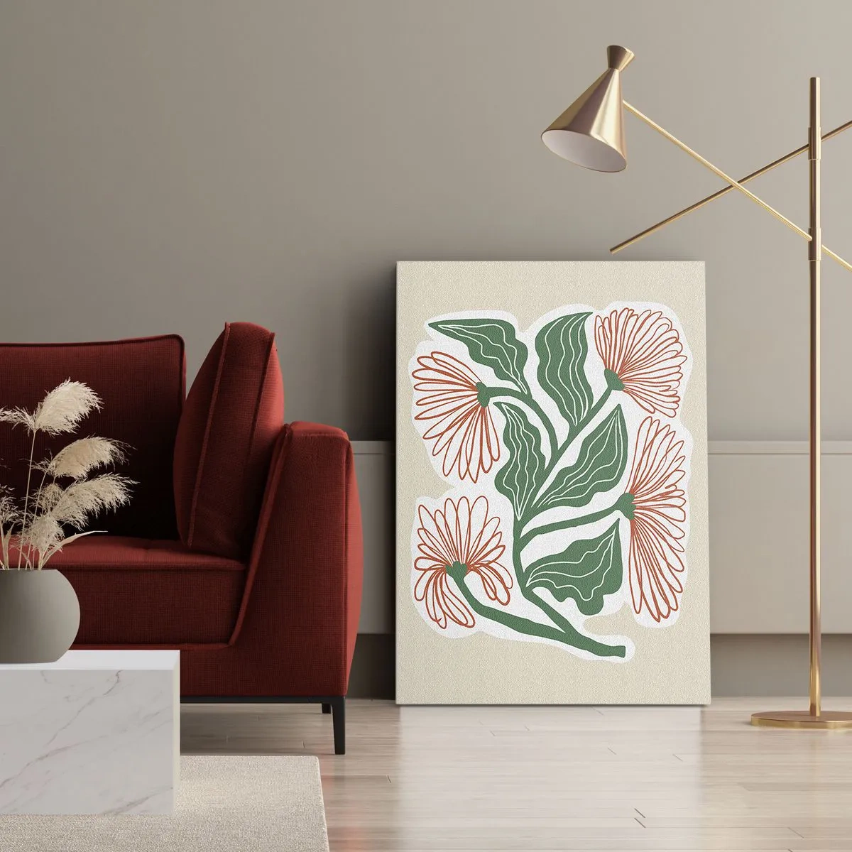 Cuadro sobre lienzo - Impresión de Imagen - Un dibujo de flores en estilo minimalista con hojas verdes. - 50x70cm - Folclórico y moderno - Decoración de pared moderna para salón y dormitorio ARTTOR