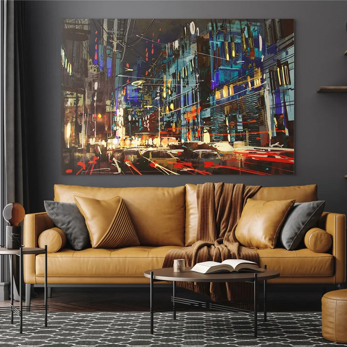 Cuadro sobre vidrio - Impresiones sobre Vidrio - Calle de la ciudad al atardecer con luces de neón y tráfico. - 70x50cm - El bullicio nocturno de la calle - Decoración de pared moderna para salón y dormitorio ARTTOR