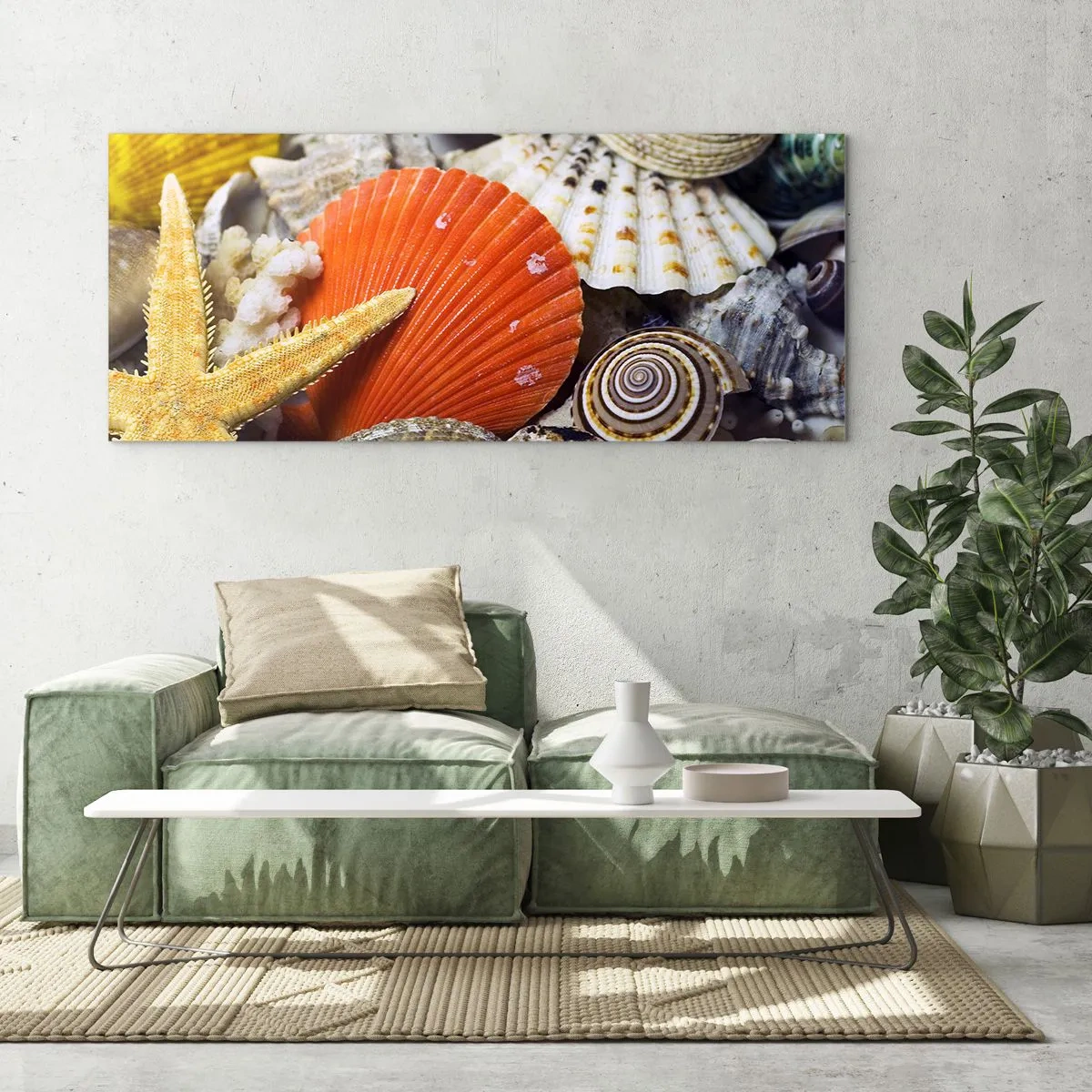 Cuadro sobre vidrio - Impresiones sobre Vidrio - Conchas y estrellas de mar en una composición marina - 160x50cm - Tesoros del océano - Decoración de pared moderna para salón y dormitorio ARTTOR