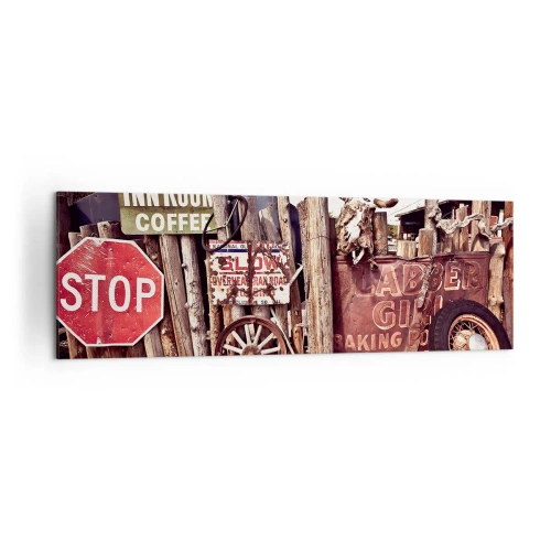 Cuadro sobre lienzo - Impresión de Imagen - Decoraciones rústicas con letreros y una rueda en la valla. - 160x50cm - Y el tiempo se detuvo - Decoración de pared moderna para salón y dormitorio ARTTOR