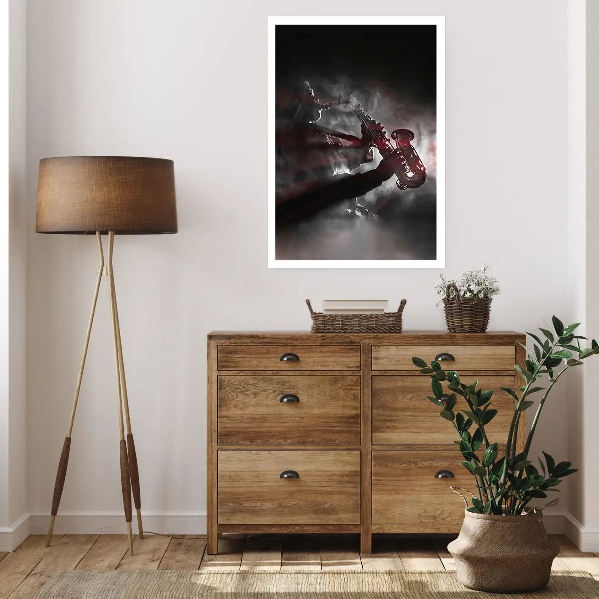 Póster - La fuerte silueta del saxofonista en una atmósfera de jazz. - 50x70cm - En el vapor del jazz - Decoración de pared moderna para salón y dormitorio ARTTOR