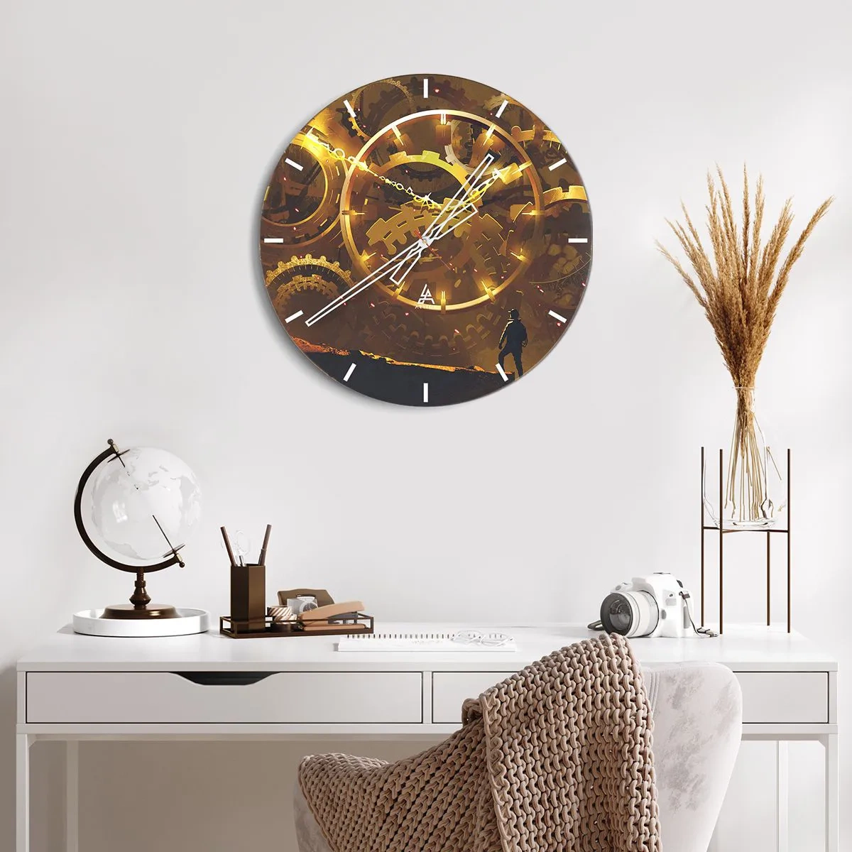 Reloj de pared - Reloj de vidrio - Engranajes dorados de estilo mecánico e industrial. - 30x30cm - En la fuente del tiempo - Decoración de pared moderna para salón, cocina y dormitorio ARTTOR