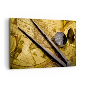 Cuadro sobre lienzo - Impresión de Imagen - Un mapa del mundo antiguo con una brújula y un par de brújulas en el fondo. - 100x70cm - ¿Dónde están los tesoros? - Decoración de pared moderna para salón y dormitorio ARTTOR