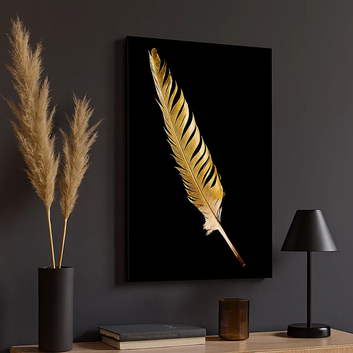 Cuadro sobre lienzo - Impresión de Imagen - Pluma dorada sobre fondo negro - 50x70cm - Pluma de alta calidad - Decoración de pared moderna para salón y dormitorio ARTTOR