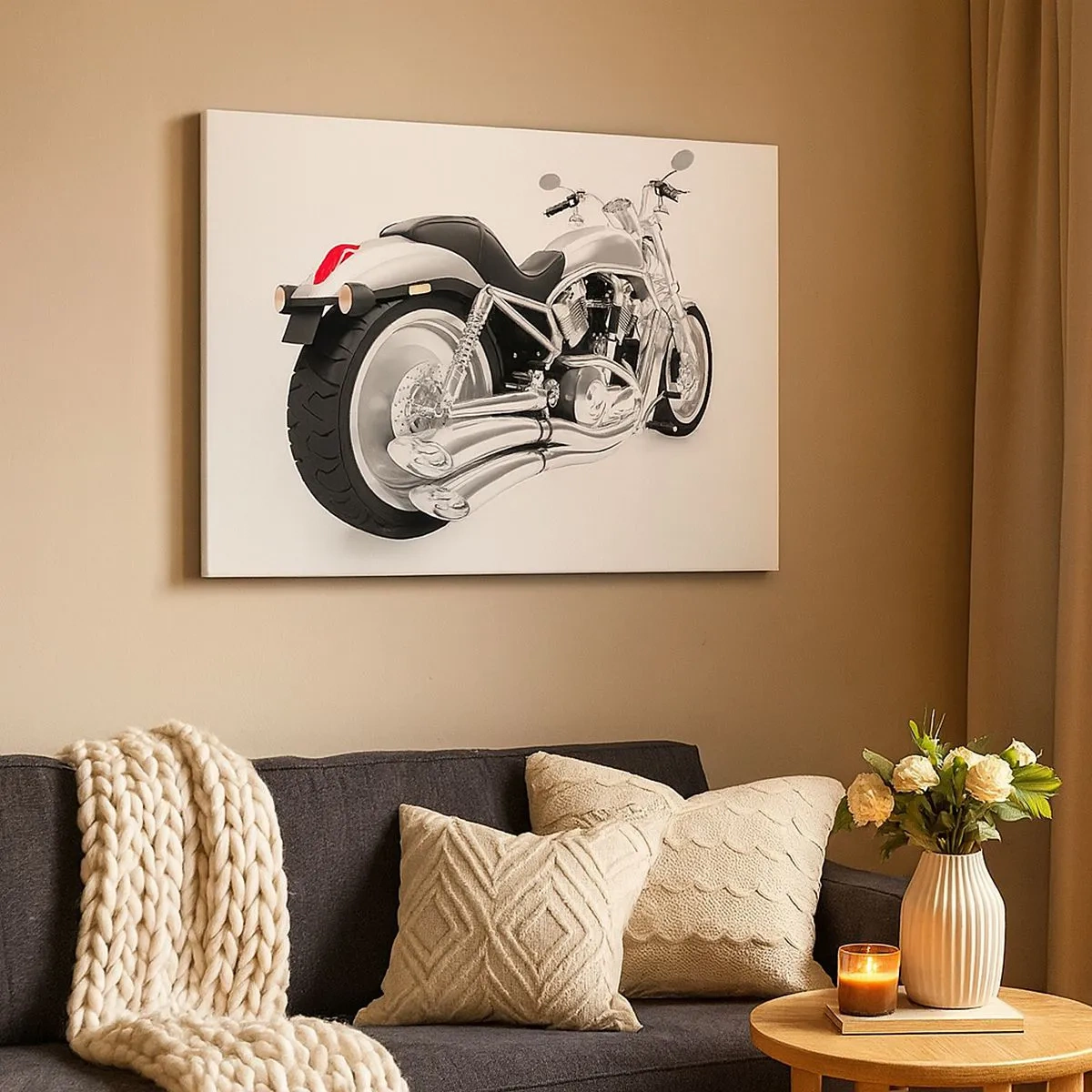 Cuadro sobre lienzo - Impresión de Imagen - Motocicleta cromada sobre fondo blanco - 70x50cm - Sueño de un coleccionista - Decoración de pared moderna para salón y dormitorio ARTTOR