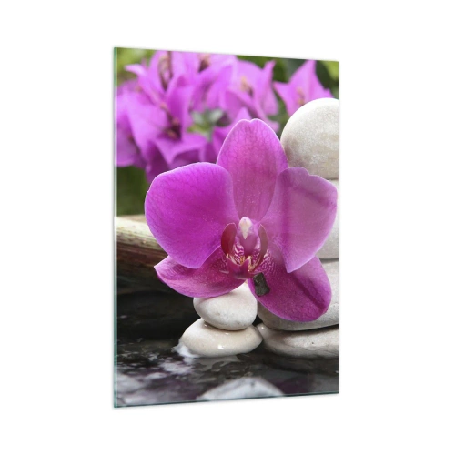 Cuadro sobre vidrio - Impresiones sobre Vidrio - Cascada de orquídeas moradas, piedras y bambú - 50x70cm - Ya estás descansando - Decoración de pared moderna para salón y dormitorio ARTTOR