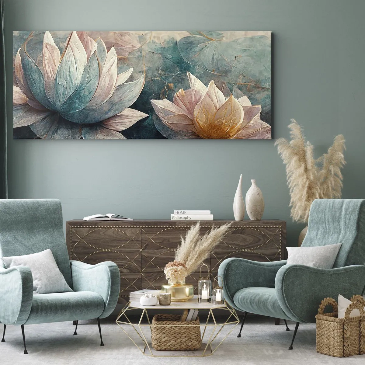 Cuadro sobre lienzo - Impresión de Imagen - Nenúfares sutiles en tonos pastel de azul y dorado. - 140x50cm - Estrellas de lago - Decoración de pared moderna para salón y dormitorio ARTTOR