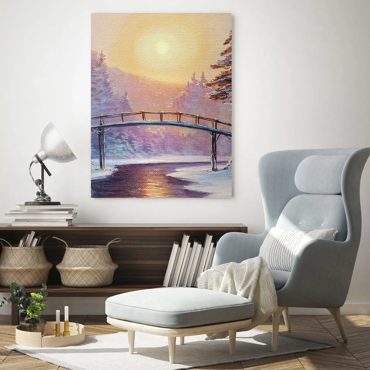 Cuadro sobre vidrio - Impresiones sobre Vidrio - Paisaje invernal con un puente sobre un río al atardecer - 50x70cm - Las cuatro estaciones: el invierno - Decoración de pared moderna para salón y dormitorio ARTTOR